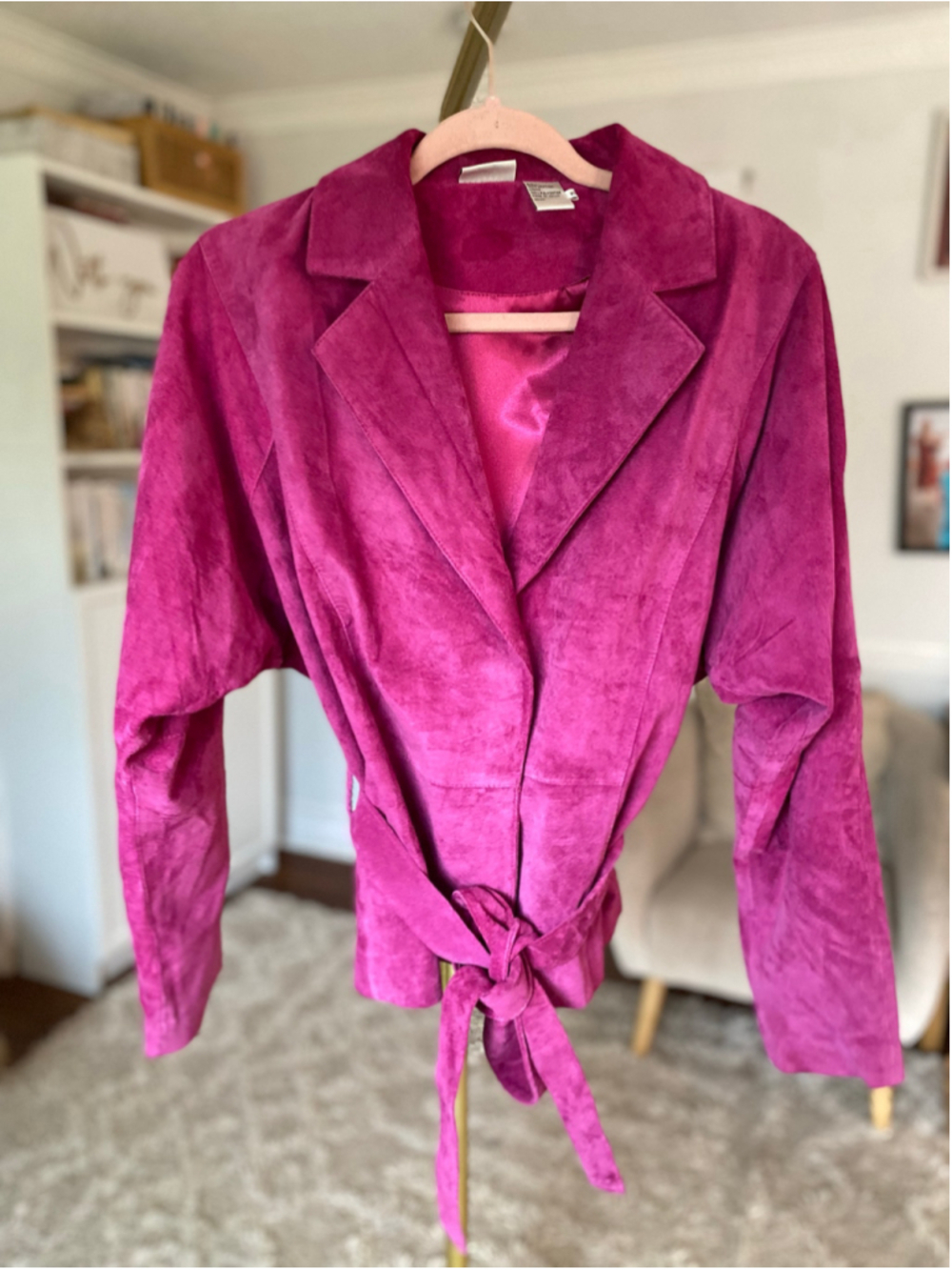Vintage Newport Suede Leather Blazer Jacket Magenta Belted Urban Sleaze 80s 90s